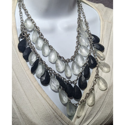 Charming Charlie Chunky Multilayer Black And Clear Teardrop Gemmed Necklace
