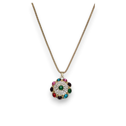 Boho Glam Rainbow Rhinestone Gold Tone Medallion Pendant Necklace 18 Inch