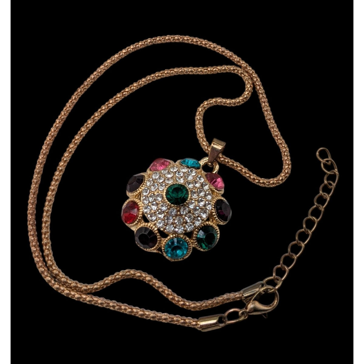 Boho Glam Rainbow Rhinestone Gold Tone Medallion Pendant Necklace 18 Inch