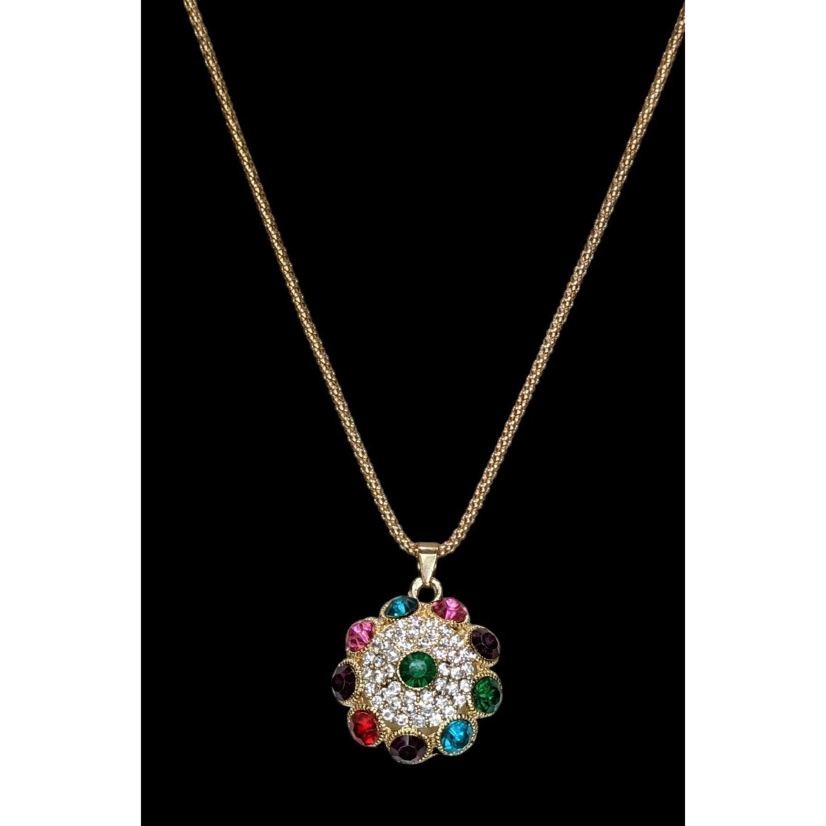 Boho Glam Rainbow Rhinestone Gold Tone Medallion Pendant Necklace 18 Inch