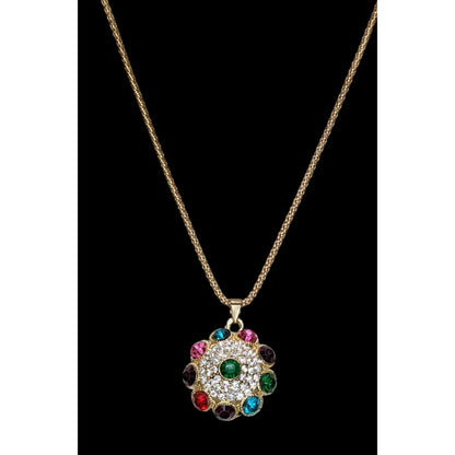 Boho Glam Rainbow Rhinestone Gold Tone Medallion Pendant Necklace 18 Inch