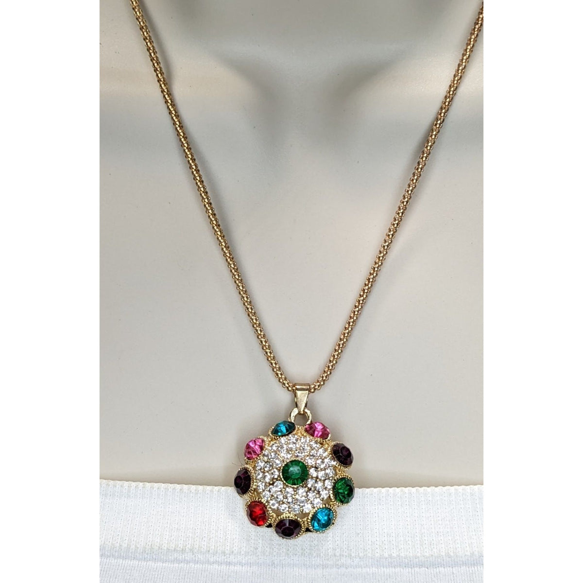 Boho Glam Rainbow Rhinestone Gold Tone Medallion Pendant Necklace 18 Inch