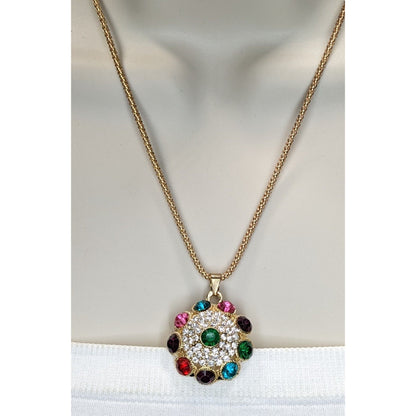 Boho Glam Rainbow Rhinestone Gold Tone Medallion Pendant Necklace 18 Inch