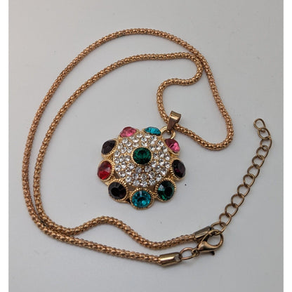 Boho Glam Rainbow Rhinestone Gold Tone Medallion Pendant Necklace 18 Inch