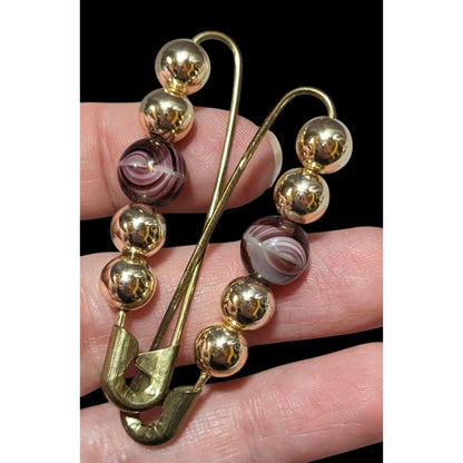 Simple Gold Tone And Glass Beaded Safety Pin Brooches (2)