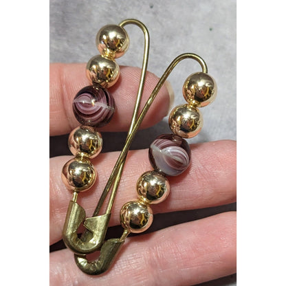 Simple Gold Tone And Glass Beaded Safety Pin Brooches (2)