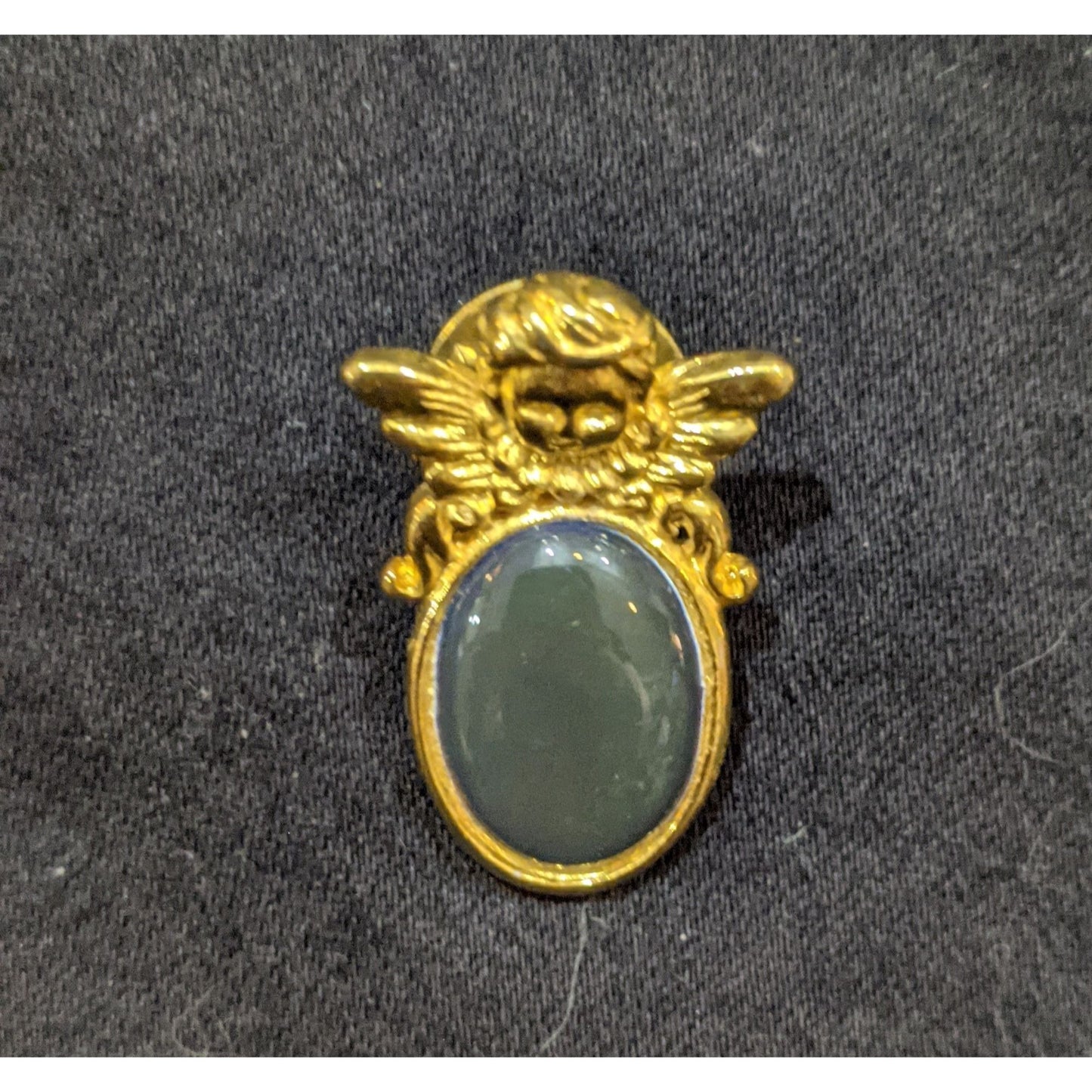 Vintage Gold Tone Cherub Pin With Green Cabochon