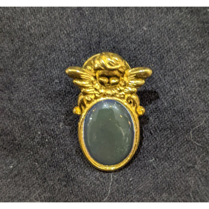 Vintage Gold Tone Cherub Pin With Green Cabochon