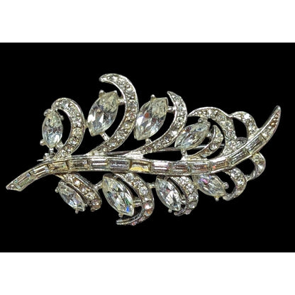 Vintage Glam Floral Leaf Silver Tone Brooch With Clear Stones