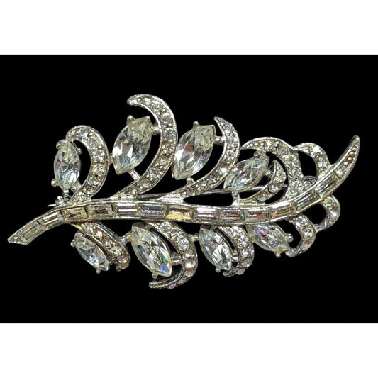 Vintage Glam Floral Leaf Silver Tone Brooch With Clear Stones