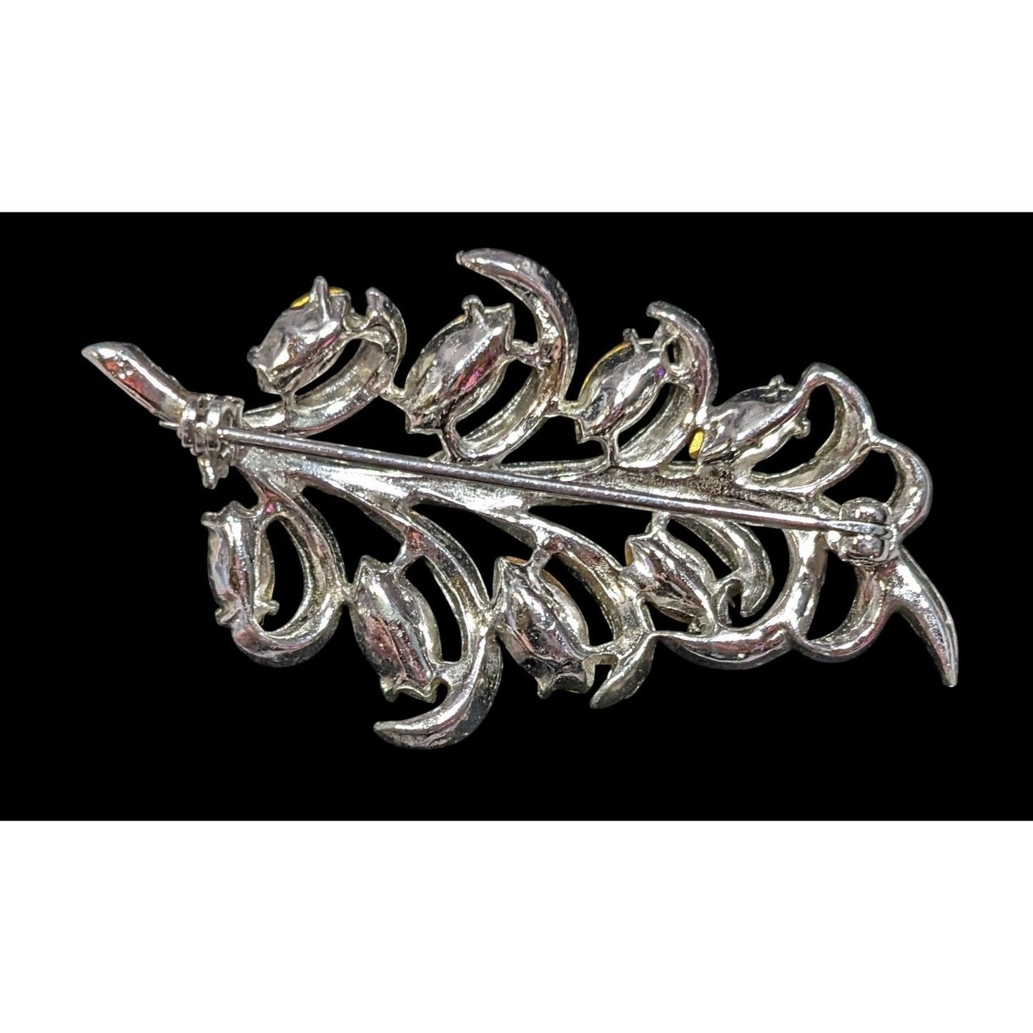 Vintage Glam Floral Leaf Silver Tone Brooch With Clear Stones