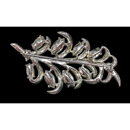 Vintage Glam Floral Leaf Silver Tone Brooch With Clear Stones