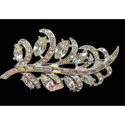 Vintage Glam Floral Leaf Silver Tone Brooch With Clear Stones