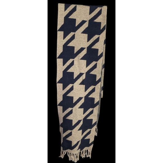 Preppy Houndstooth Pattern Tan & Navy Knit Scarf With Fringe