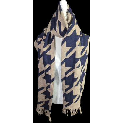 Preppy Houndstooth Pattern Tan & Navy Knit Scarf With Fringe