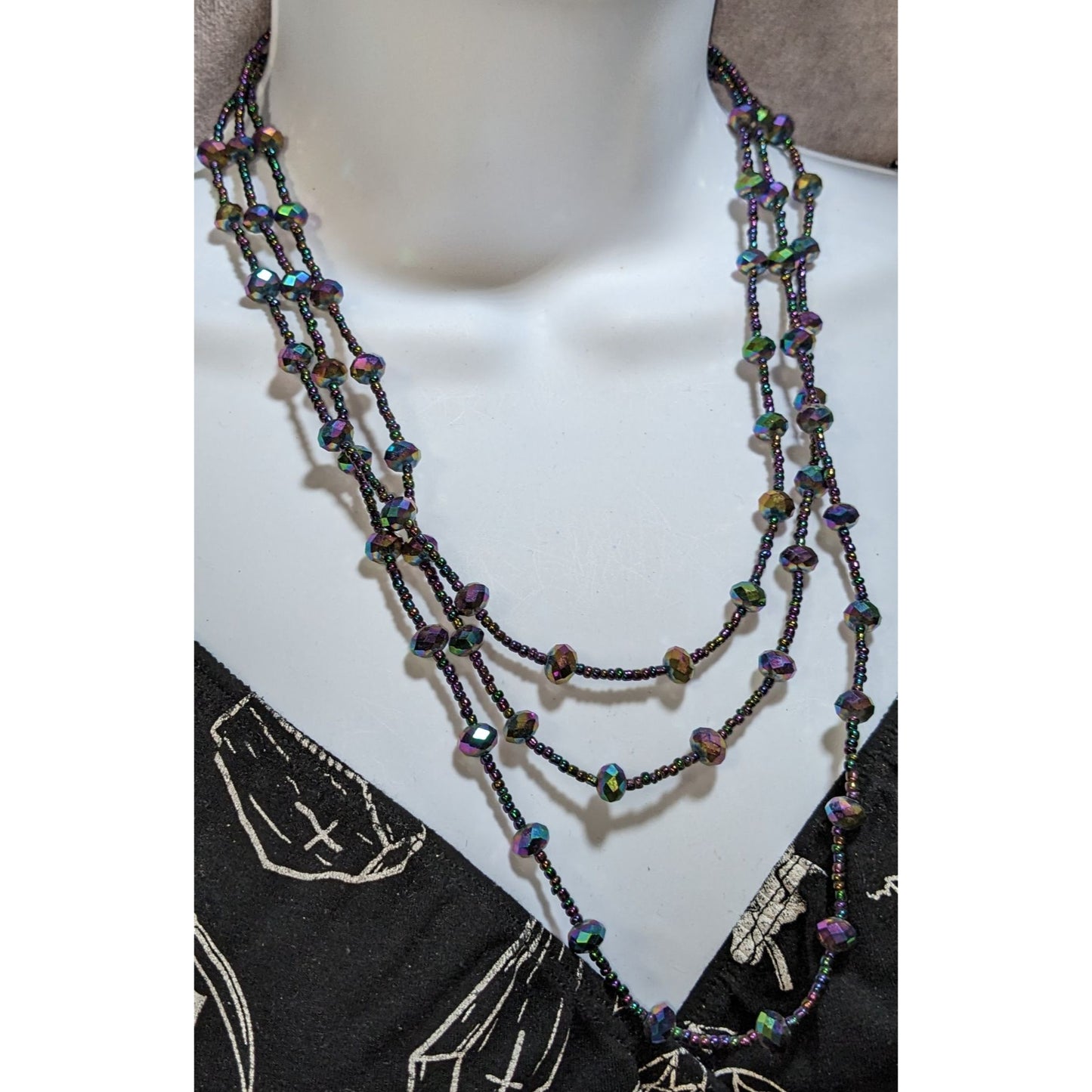 Iridescent Glass Beaded Necklace Multi Strand Oil Slick Statement Jewelry