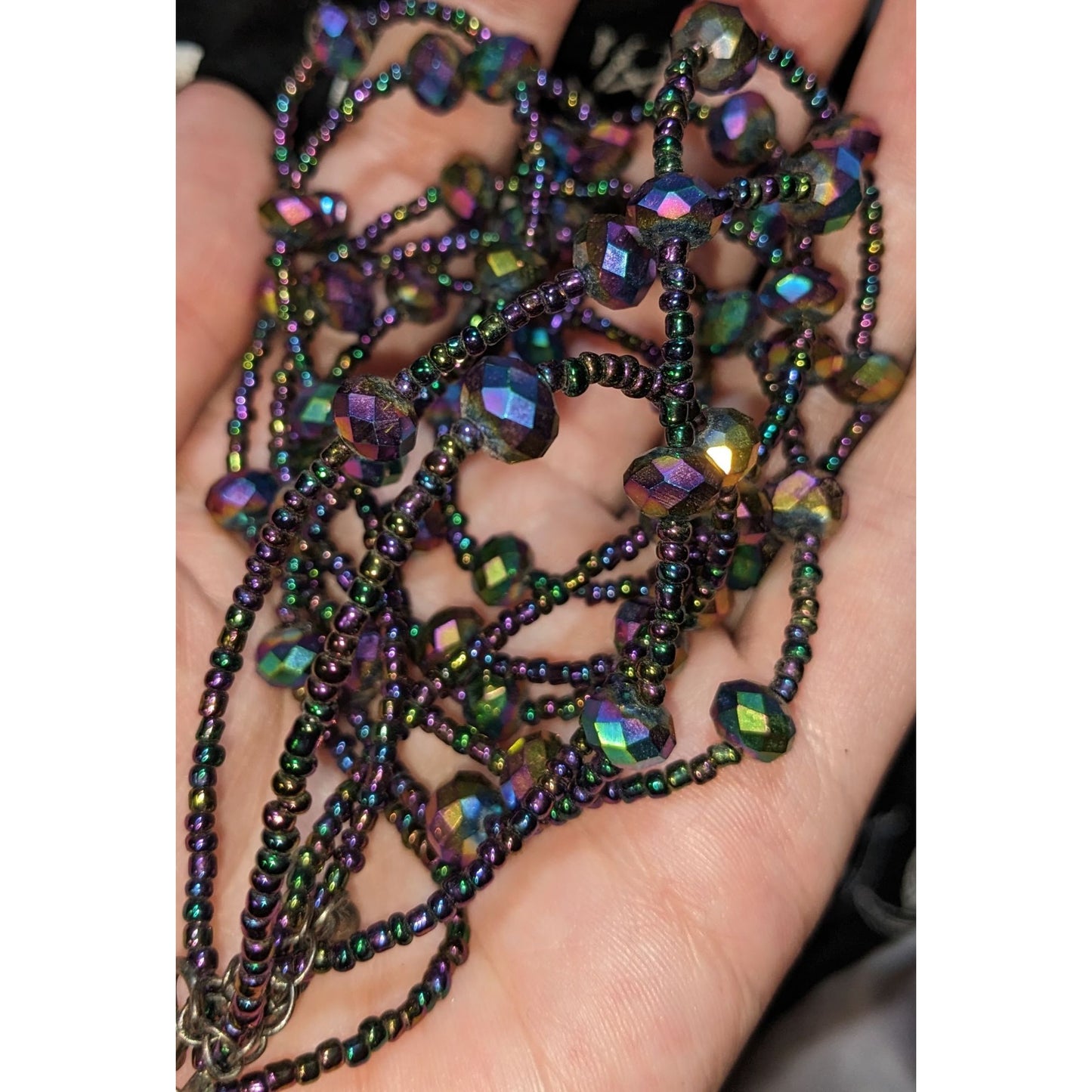Iridescent Glass Beaded Necklace Multi Strand Oil Slick Statement Jewelry