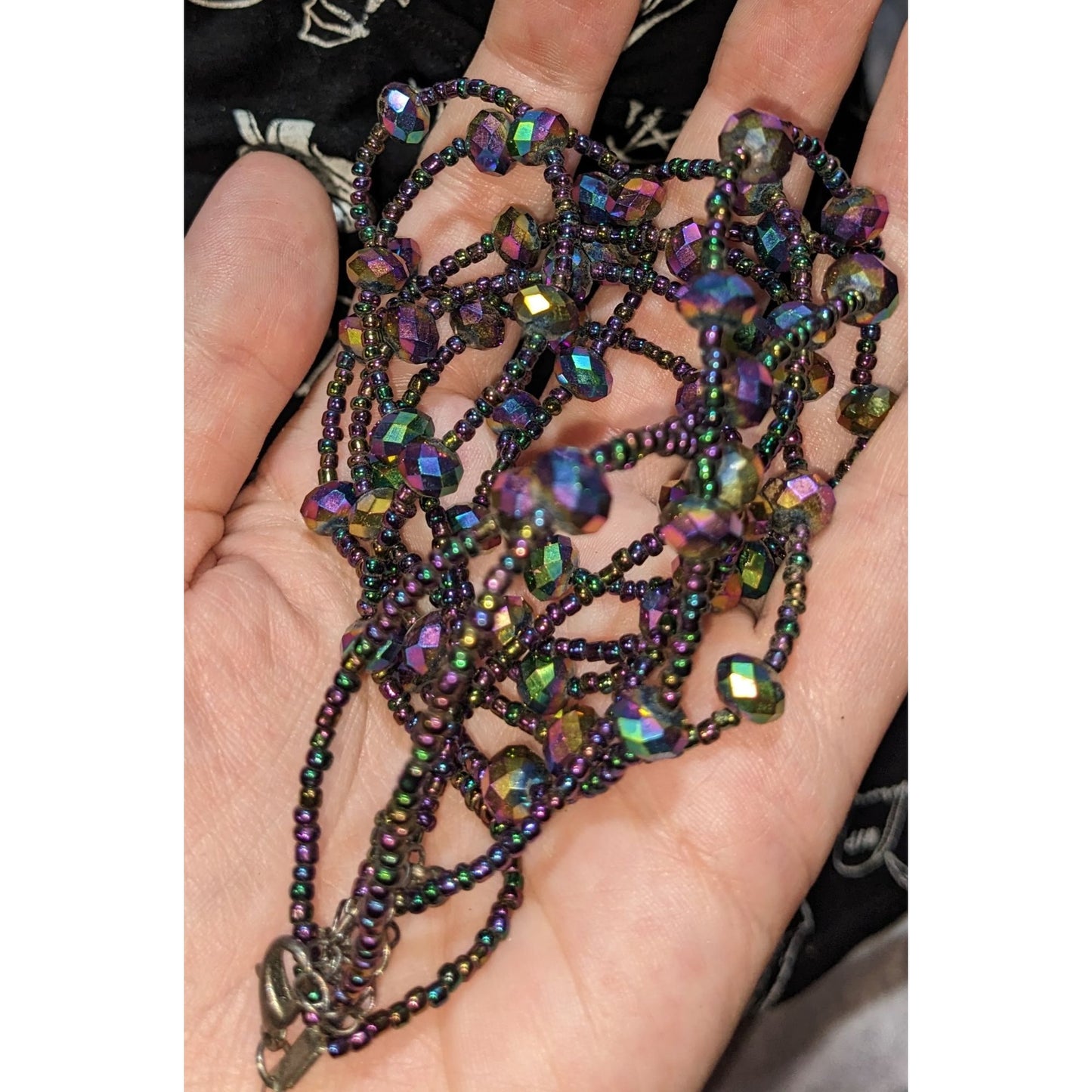 Iridescent Glass Beaded Necklace Multi Strand Oil Slick Statement Jewelry