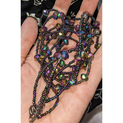 Iridescent Glass Beaded Necklace Multi Strand Oil Slick Statement Jewelry