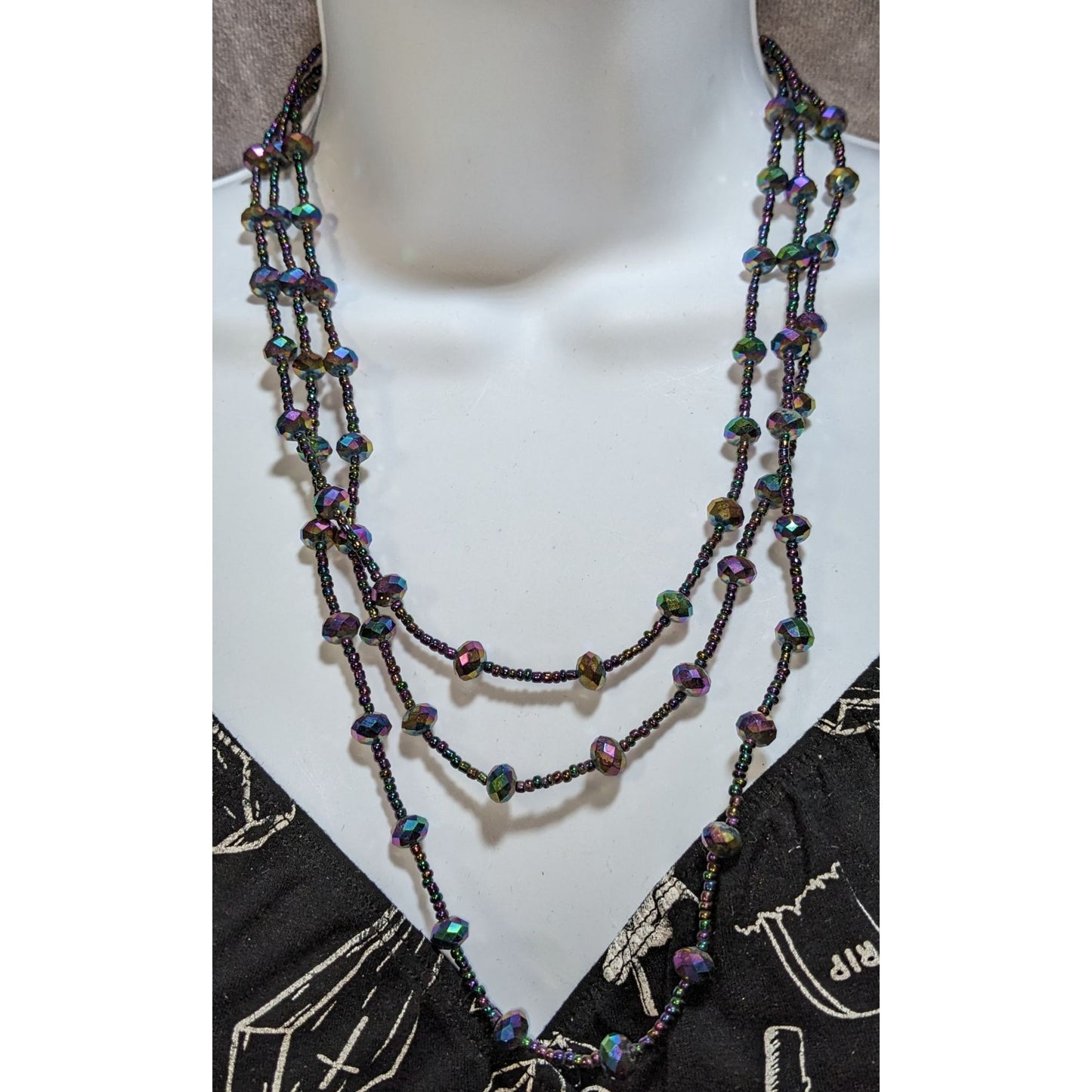 Iridescent Glass Beaded Necklace Multi Strand Oil Slick Statement Jewelry