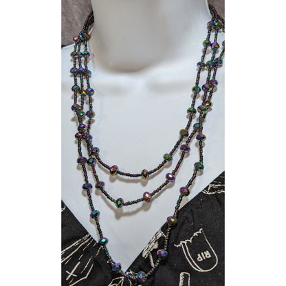 Iridescent Glass Beaded Necklace Multi Strand Oil Slick Statement Jewelry