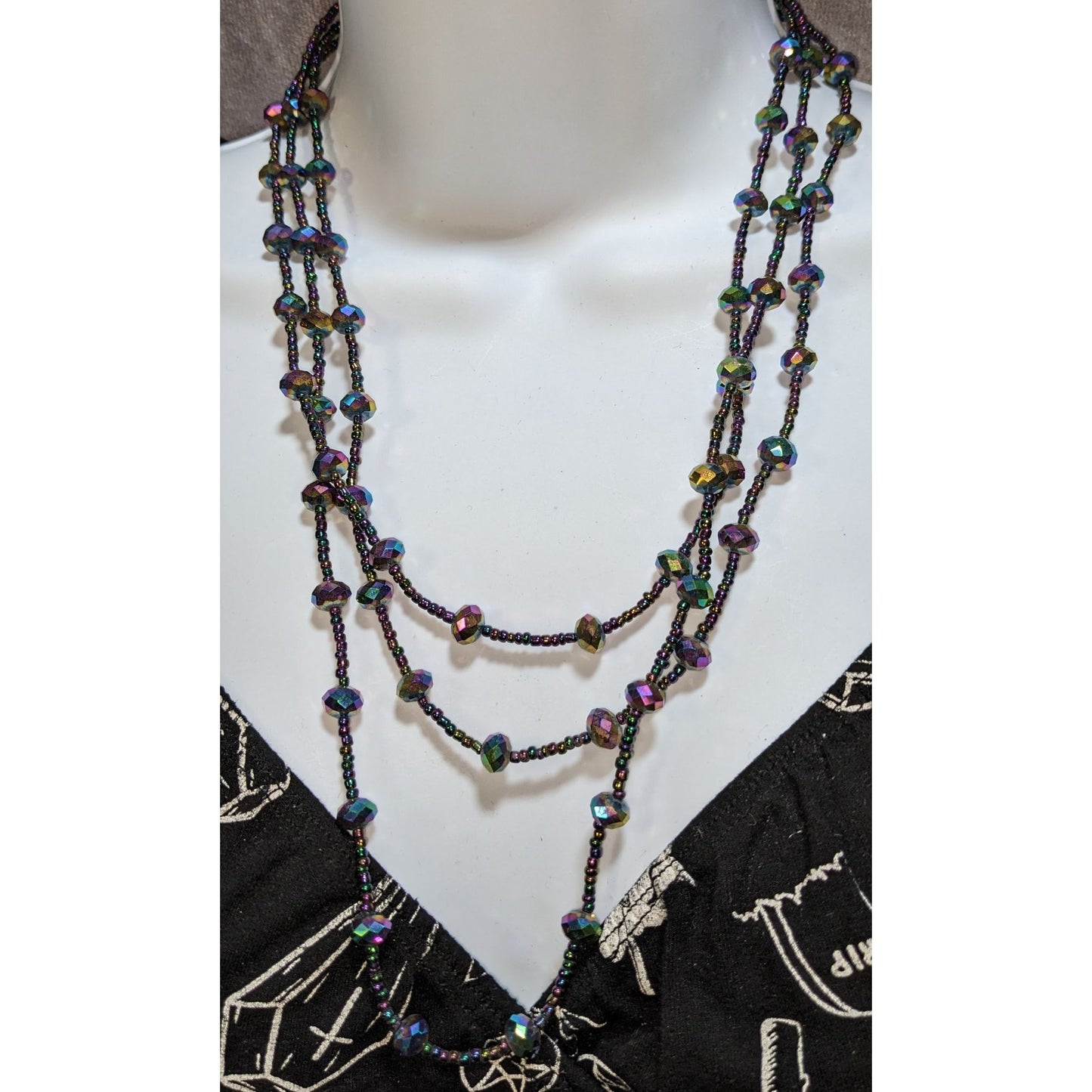 Iridescent Glass Beaded Necklace Multi Strand Oil Slick Statement Jewelry