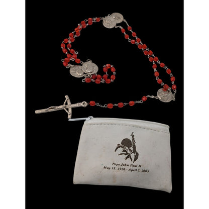Vintage Y2K Red Bead Pope John Paul II Rosary With Crucifix & Medals Includes Pouch