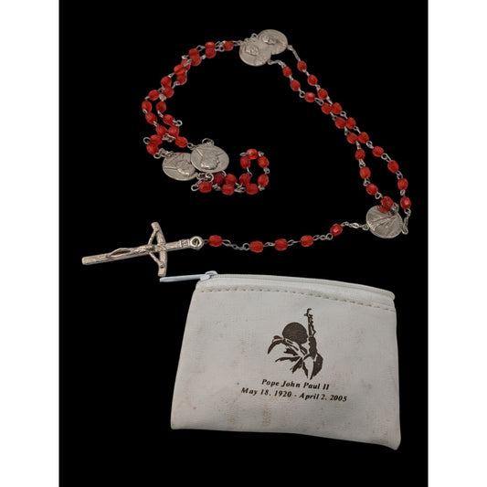 Vintage Y2K Red Bead Pope John Paul II Rosary With Crucifix & Medals Includes Pouch