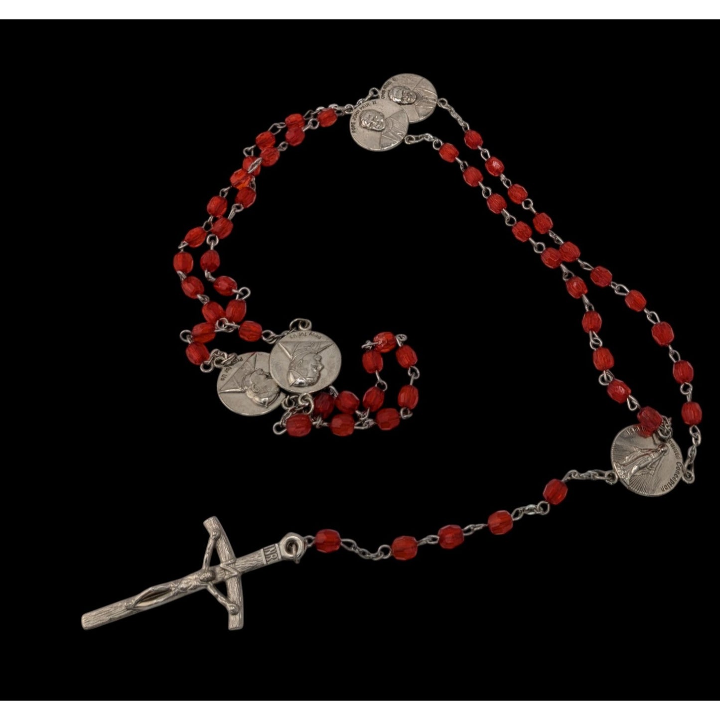 Vintage Y2K Red Bead Pope John Paul II Rosary With Crucifix & Medals Includes Pouch