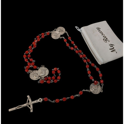 Vintage Y2K Red Bead Pope John Paul II Rosary With Crucifix & Medals Includes Pouch