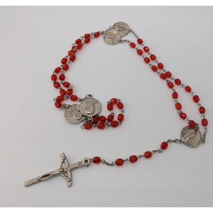 Vintage Y2K Red Bead Pope John Paul II Rosary With Crucifix & Medals Includes Pouch