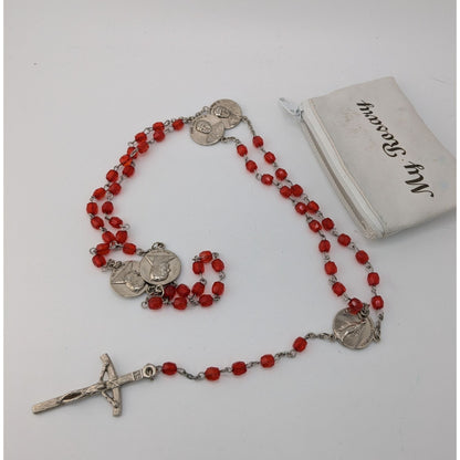 Vintage Y2K Red Bead Pope John Paul II Rosary With Crucifix & Medals Includes Pouch