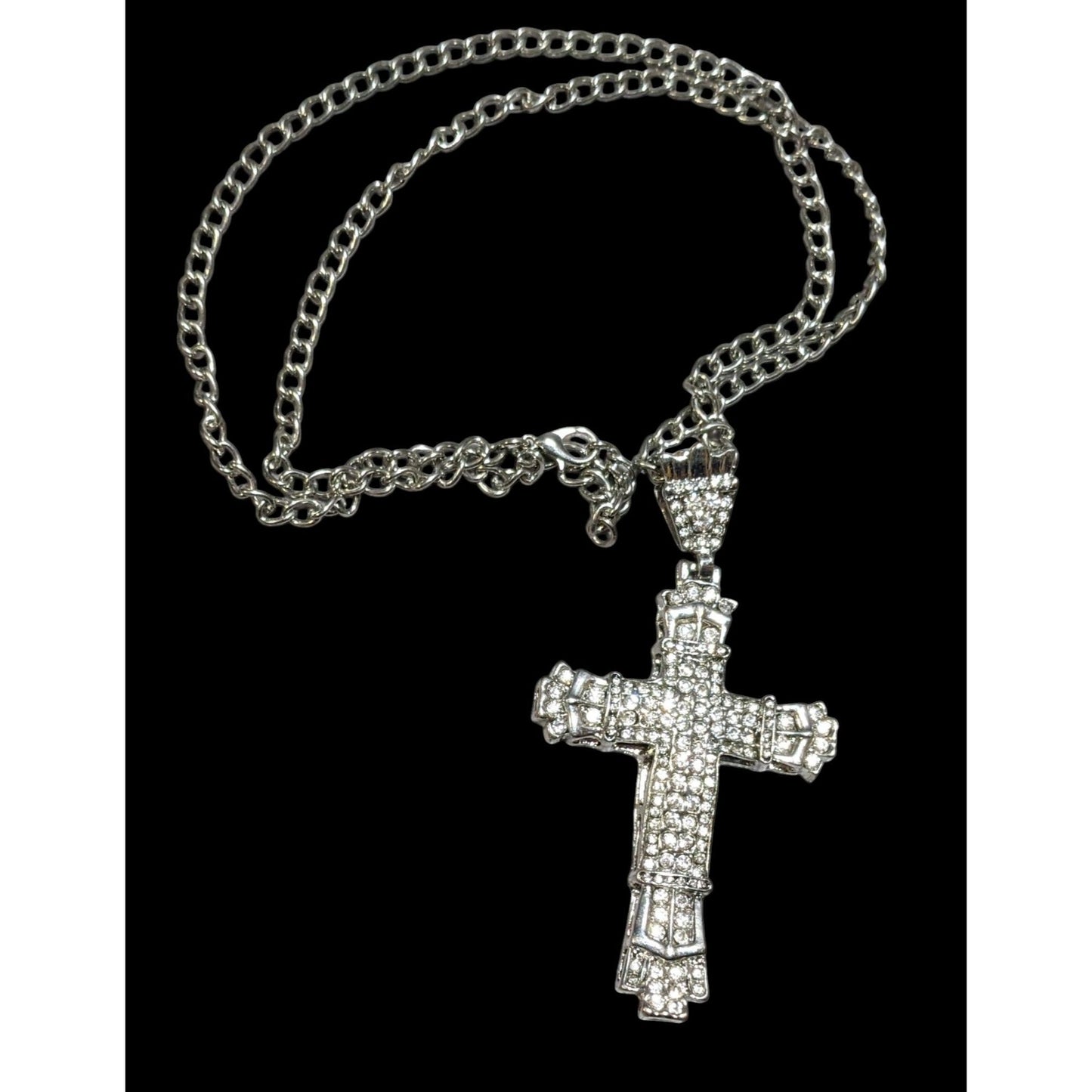 Chunky Glam Silver Tone Rhinestone Cross Necklace