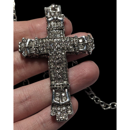 Chunky Glam Silver Tone Rhinestone Cross Necklace