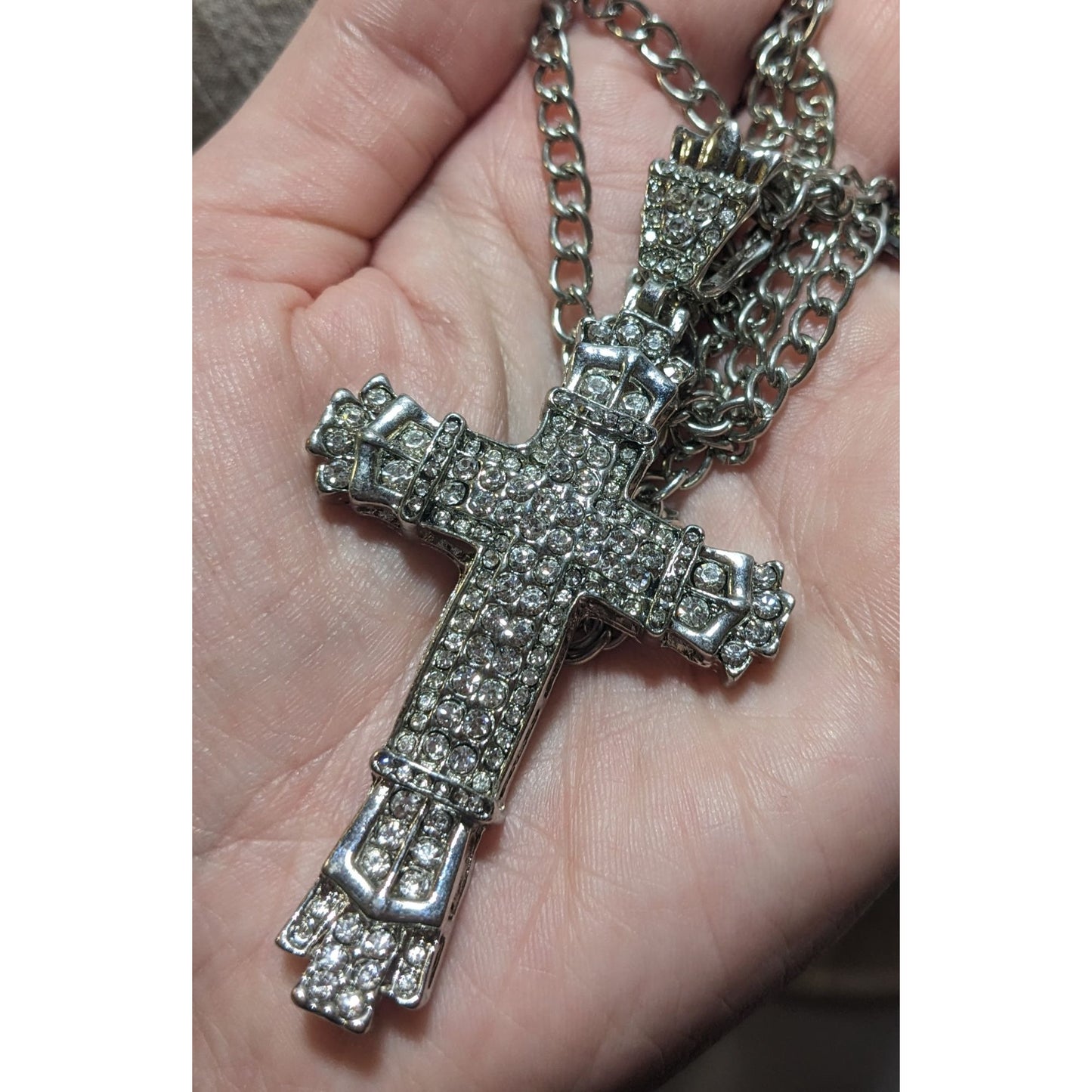 Chunky Glam Silver Tone Rhinestone Cross Necklace