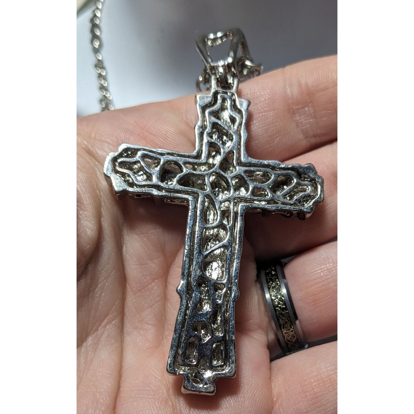 Chunky Glam Silver Tone Rhinestone Cross Necklace