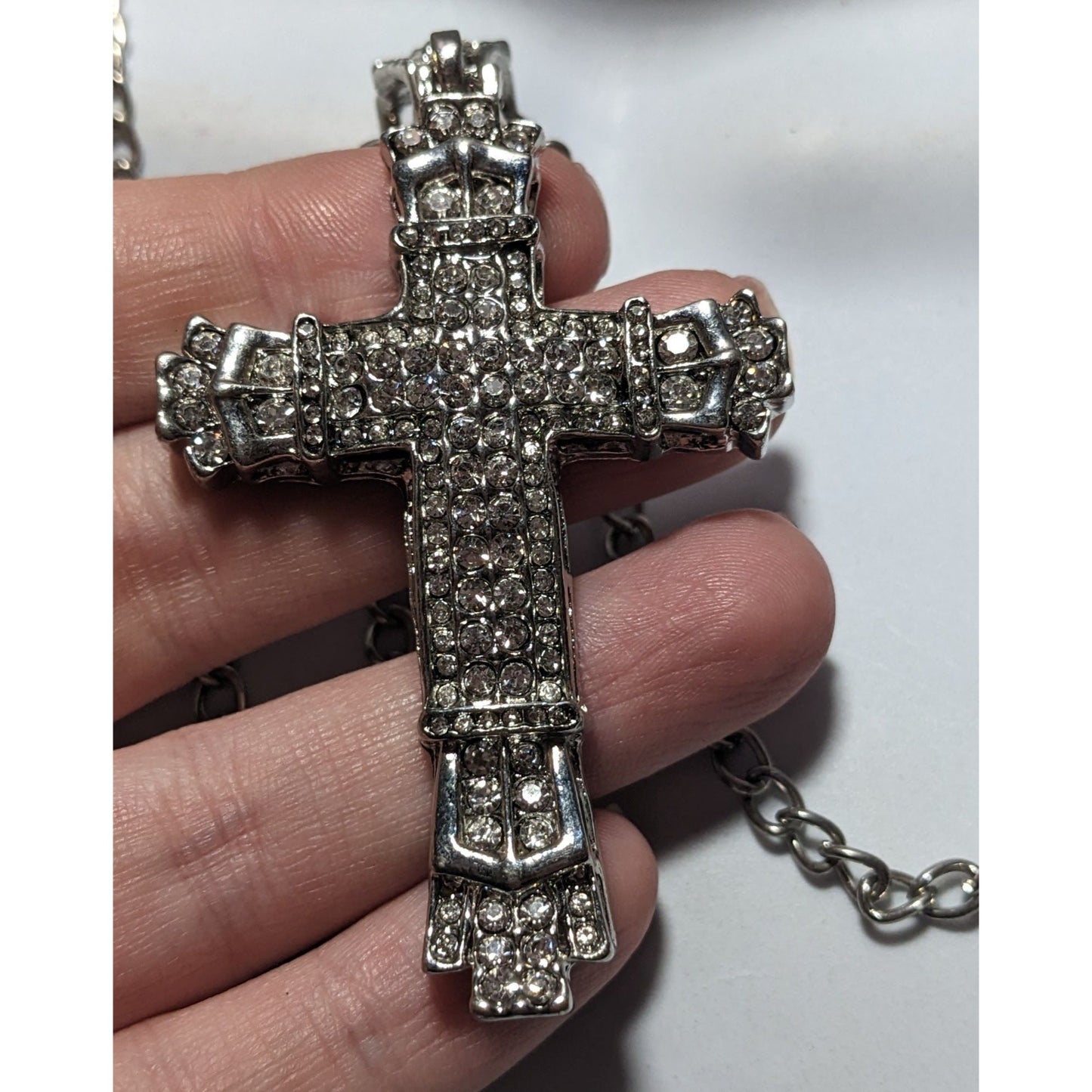 Chunky Glam Silver Tone Rhinestone Cross Necklace