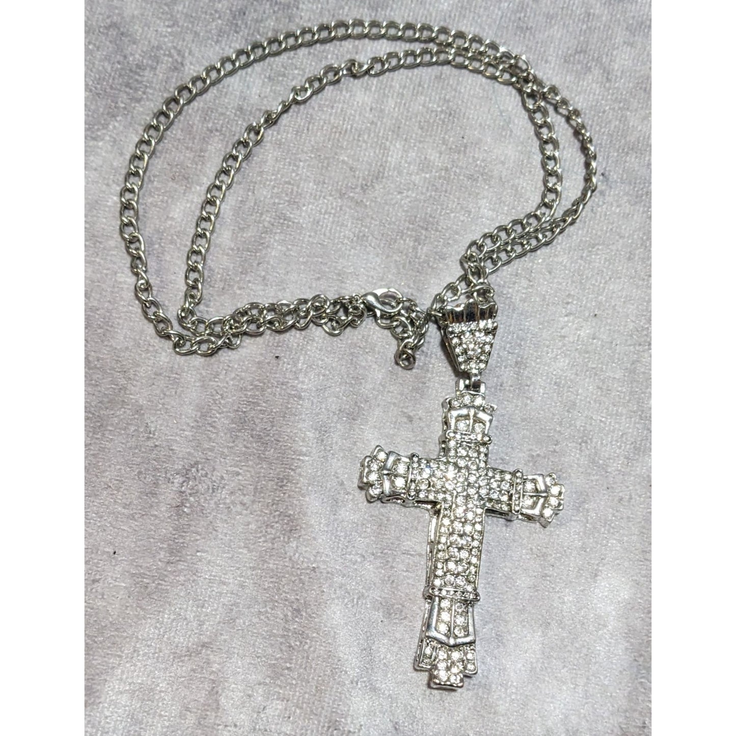 Chunky Glam Silver Tone Rhinestone Cross Necklace