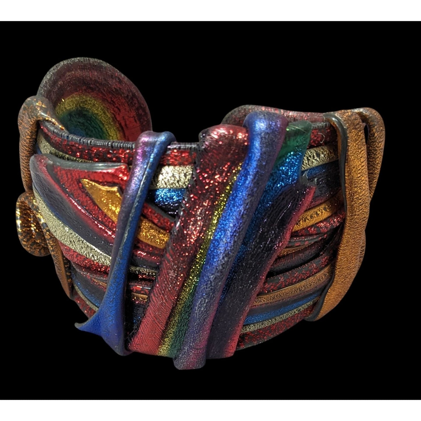 Handcrafted Metallic Rainbow Swirl Artisan Cuff Bracelet Wearable Sculpture