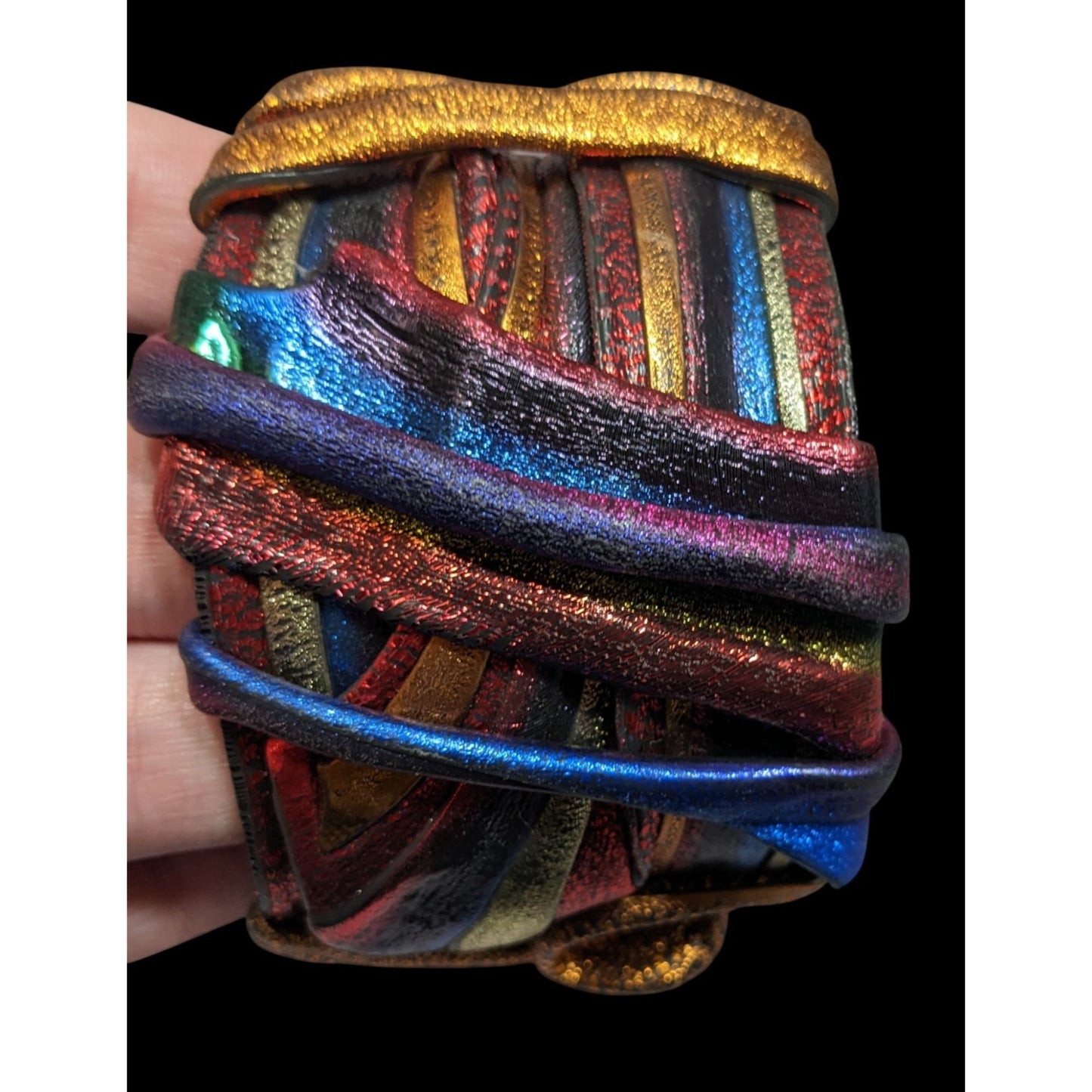 Handcrafted Metallic Rainbow Swirl Artisan Cuff Bracelet Wearable Sculpture