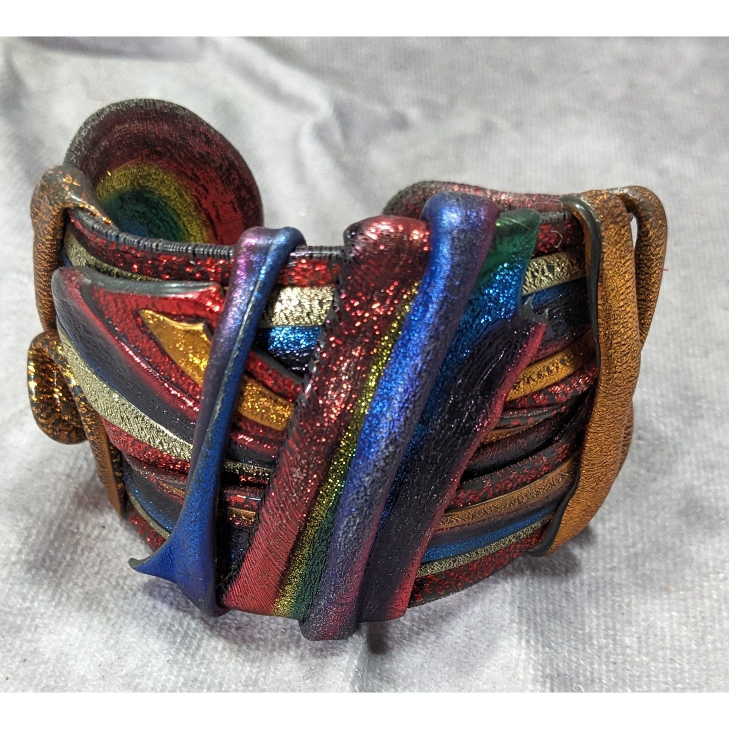 Handcrafted Metallic Rainbow Swirl Artisan Cuff Bracelet Wearable Sculpture