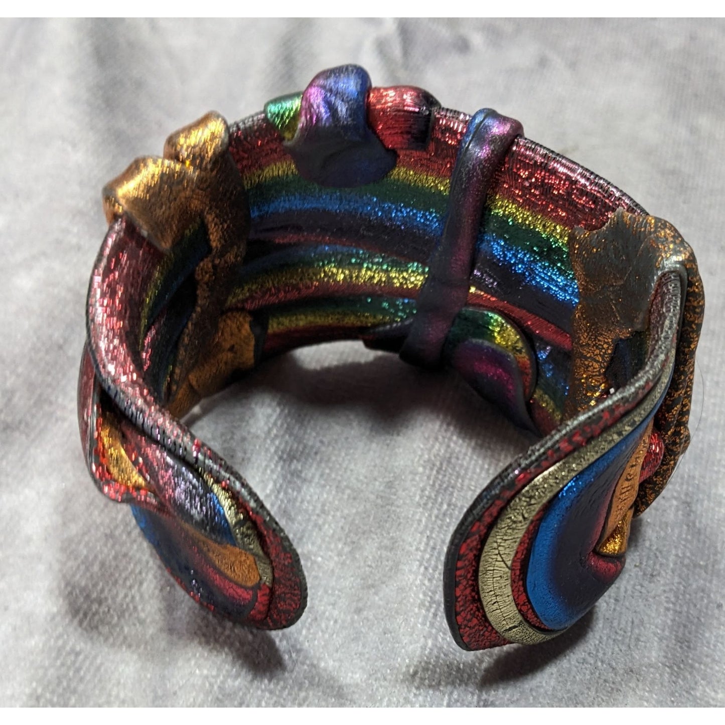 Handcrafted Metallic Rainbow Swirl Artisan Cuff Bracelet Wearable Sculpture