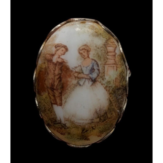 Vintage Victorian Style Adjustable Ring With Romantic Painted Scene Size 4 Vintage Jewelry
