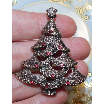 Vintage Avon Christmas Tree Brooch Red And Silver Tone