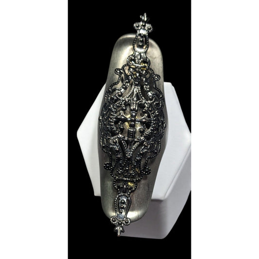 Gothic Vampire Shield Ring Silver Tone Filigree Size 8