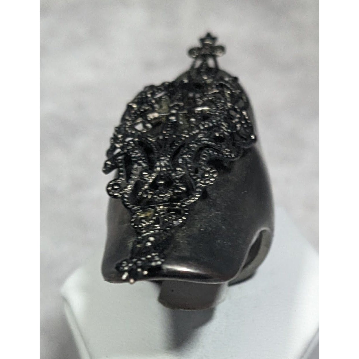 Gothic Vampire Shield Ring Silver Tone Filigree Size 8