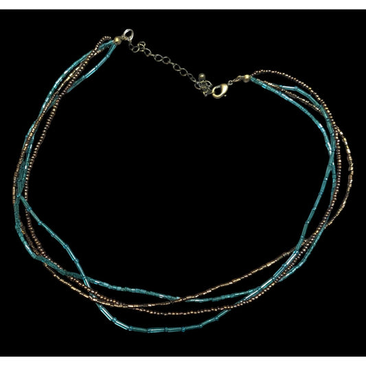 Earthy Blue And Copper Tone Glass Beaded Layered Necklace