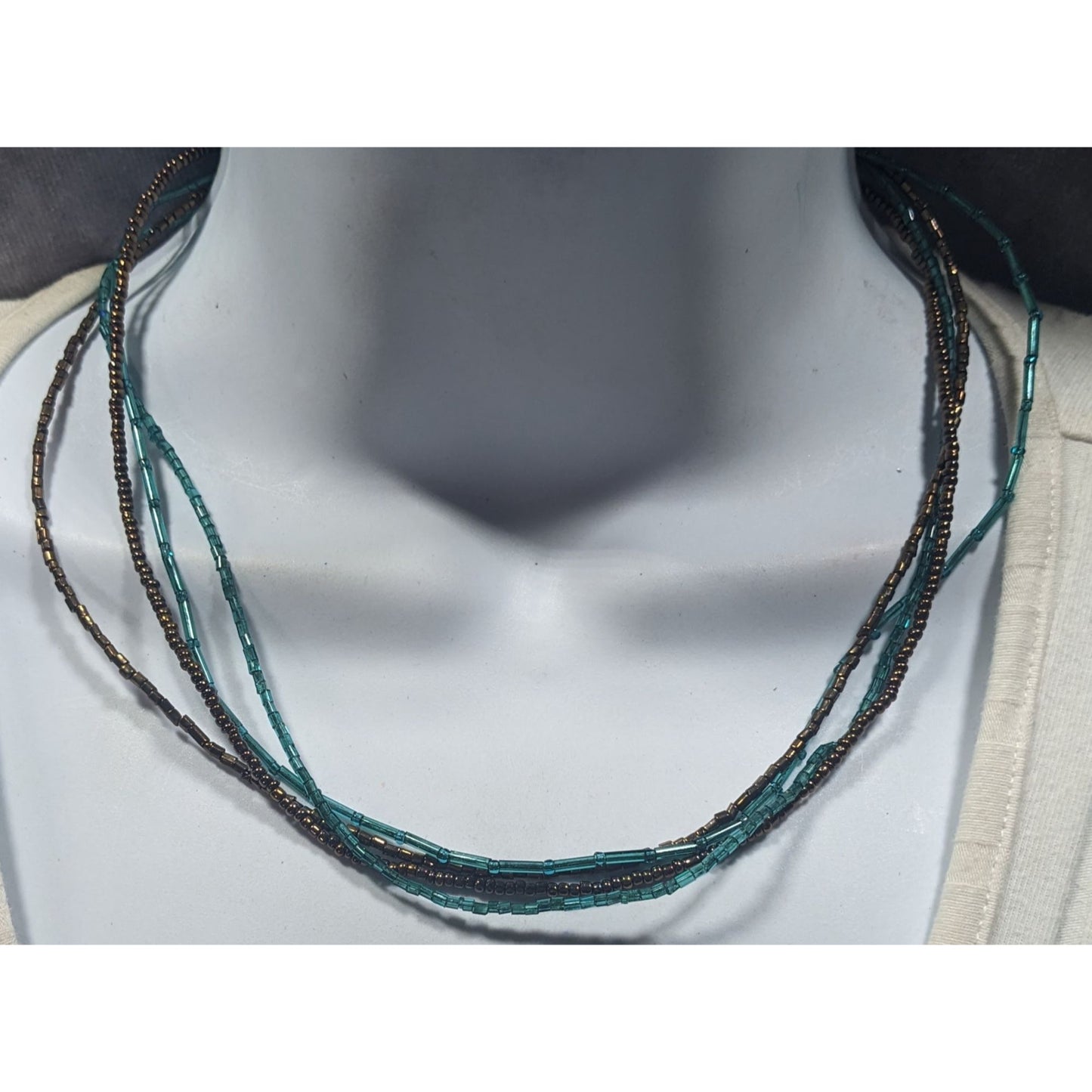Earthy Blue And Copper Tone Glass Beaded Layered Necklace