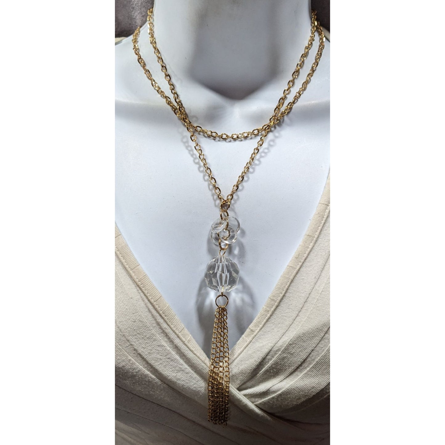 Elegant Cleat Gemmed Gold Tone Layered Tassel Necklace
