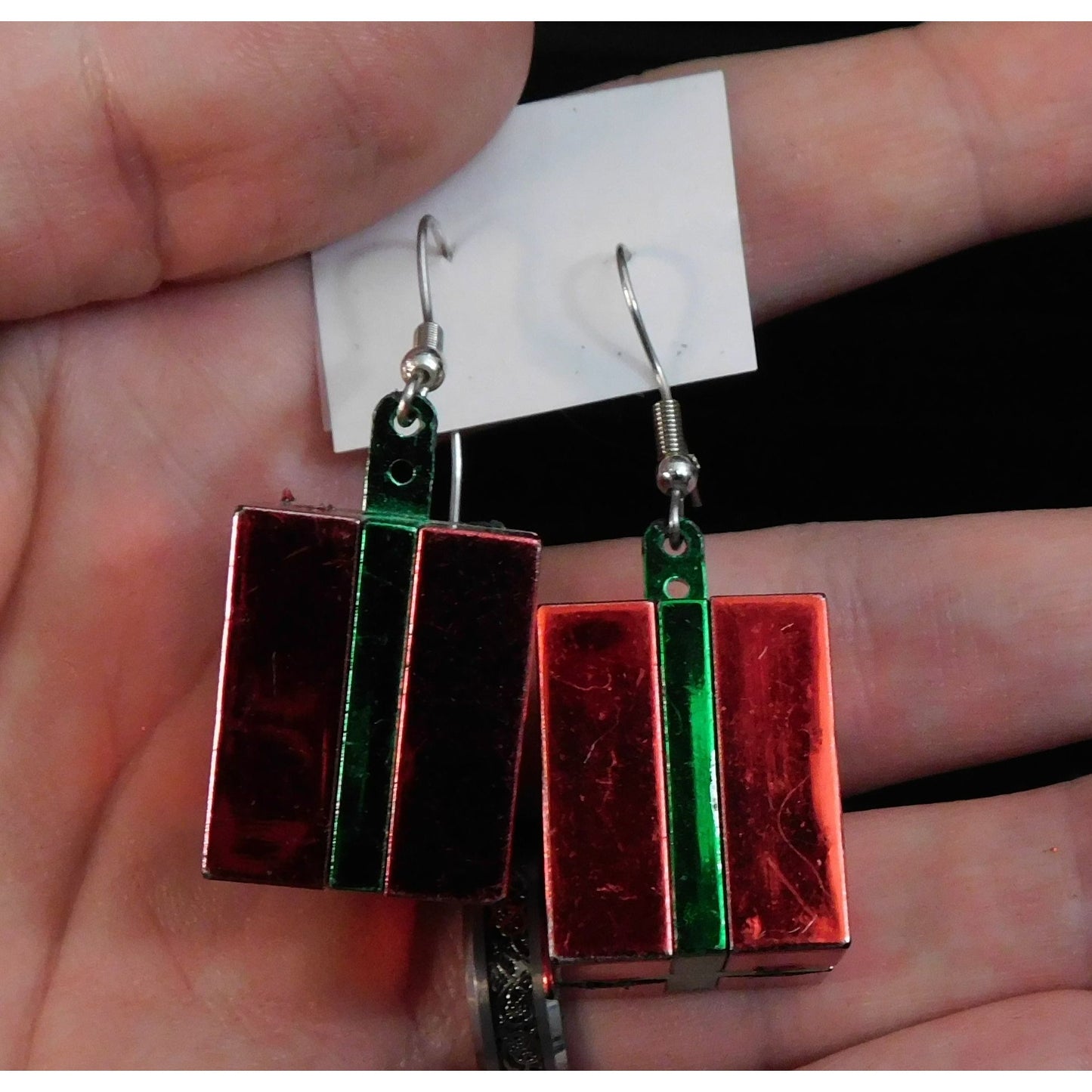 Red And Green Christmas Present Metallic Dangle Earrings